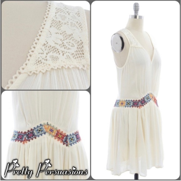 Free People Natural Ethnic Embroidered Waist Mini Dress Tunic - Picture 4 of 9